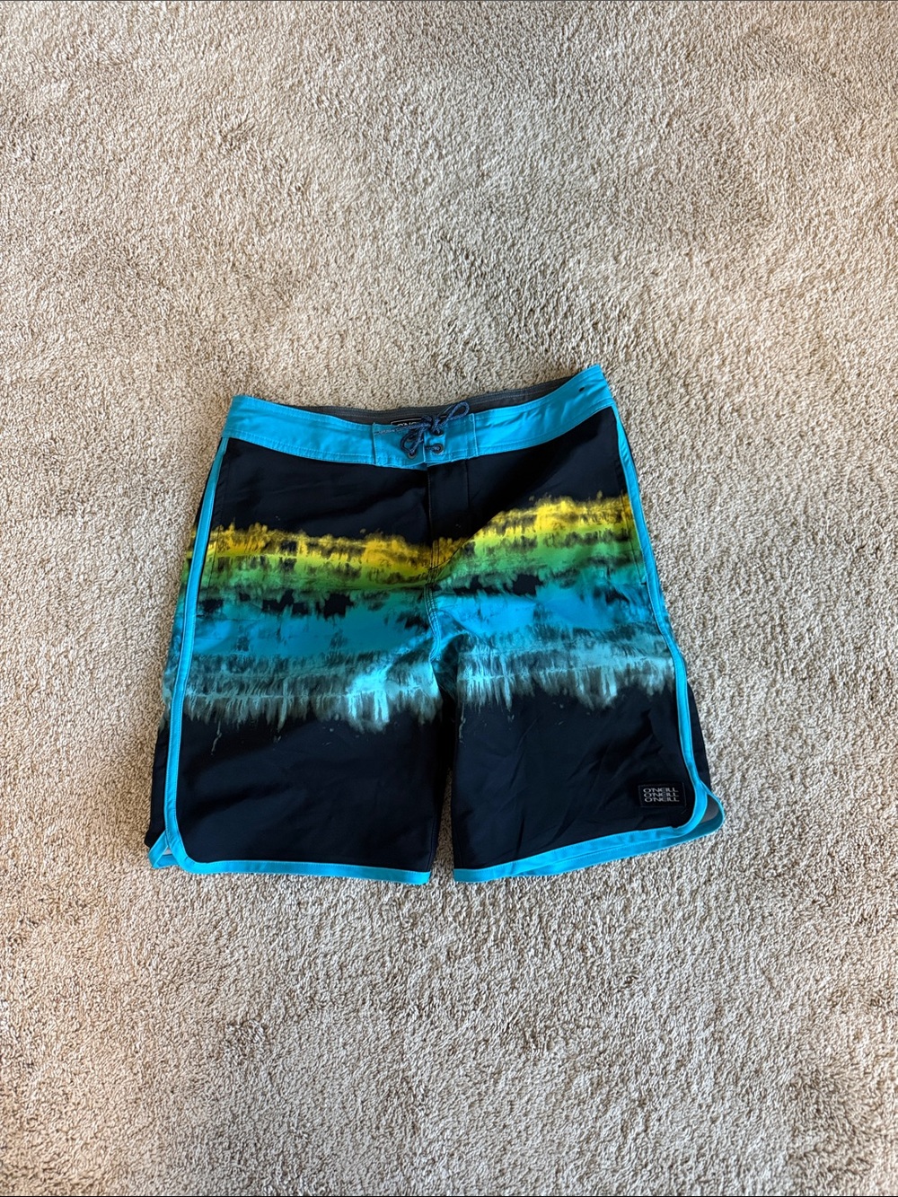 O'Neill Black Teal Yellow Wave Print Men’s Board Shorts